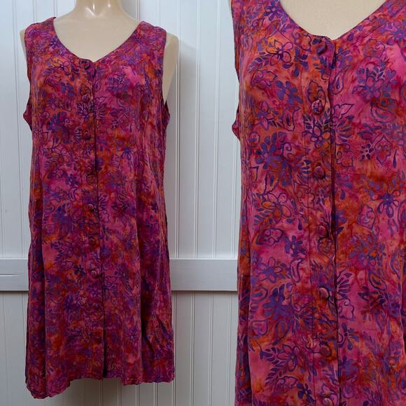 Eagle Ray Traders Pink Batik Print Sleeveless Fairy Button Front Dress Women's M - Picture 1 of 11